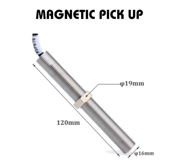 Magnetic pick-up sensor with dimensions 120mm length, 19mm diameter at the widest point, and 16mm diameter at the narrowest point